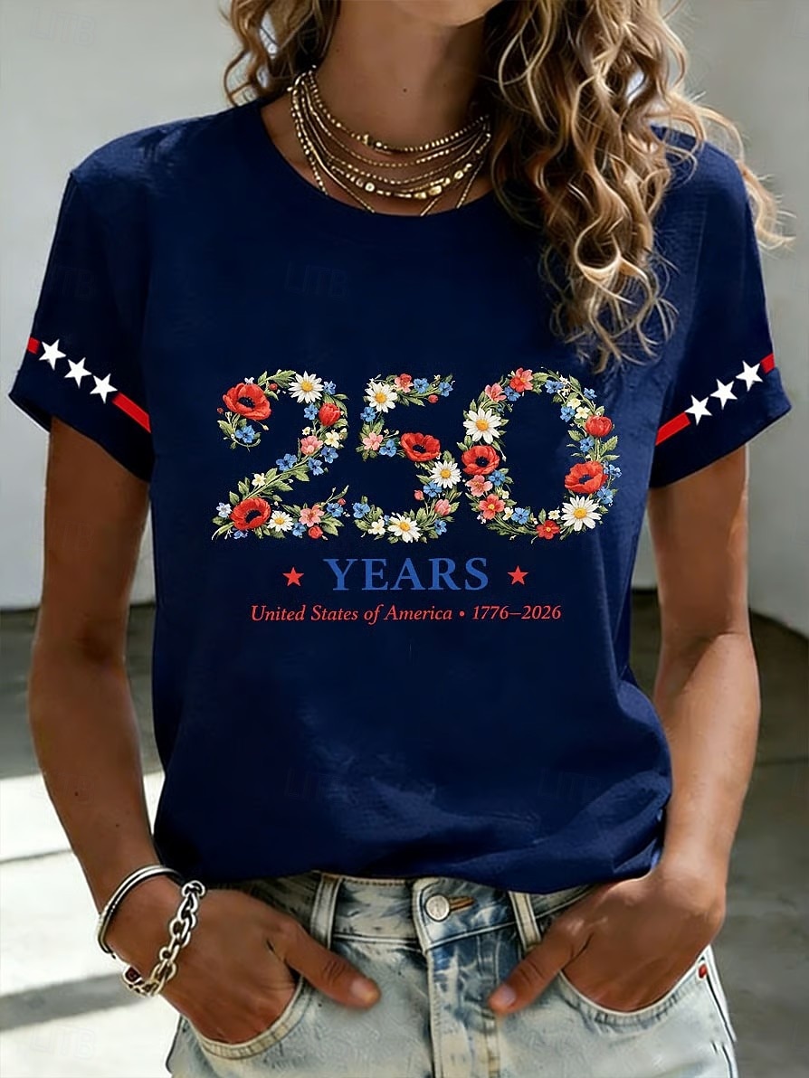 American Independence Day Women's T Shirt Print Graphic Flag Letter Vintage Fashion Stylish Short Sleeve Crew Neck Round Neck Long Tops Casual Daily Weekend Blue White Red / Blue Summer Spring Fall 2026 - $21.99 –P3