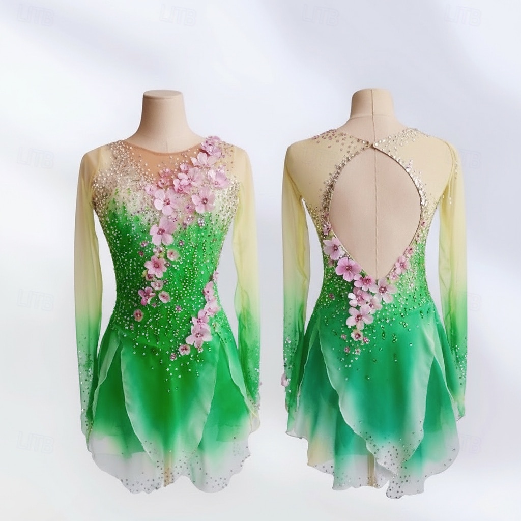 Vestidos para Patinação Artística Mulheres Patinação no Gelo Vestidos Verde Patchwork Sem costas Com Stretch Treino Competição Roupa para Patinação Clássico Cristal / Strass Manga Longa Patinação no de 2026 por $420.99 –P1