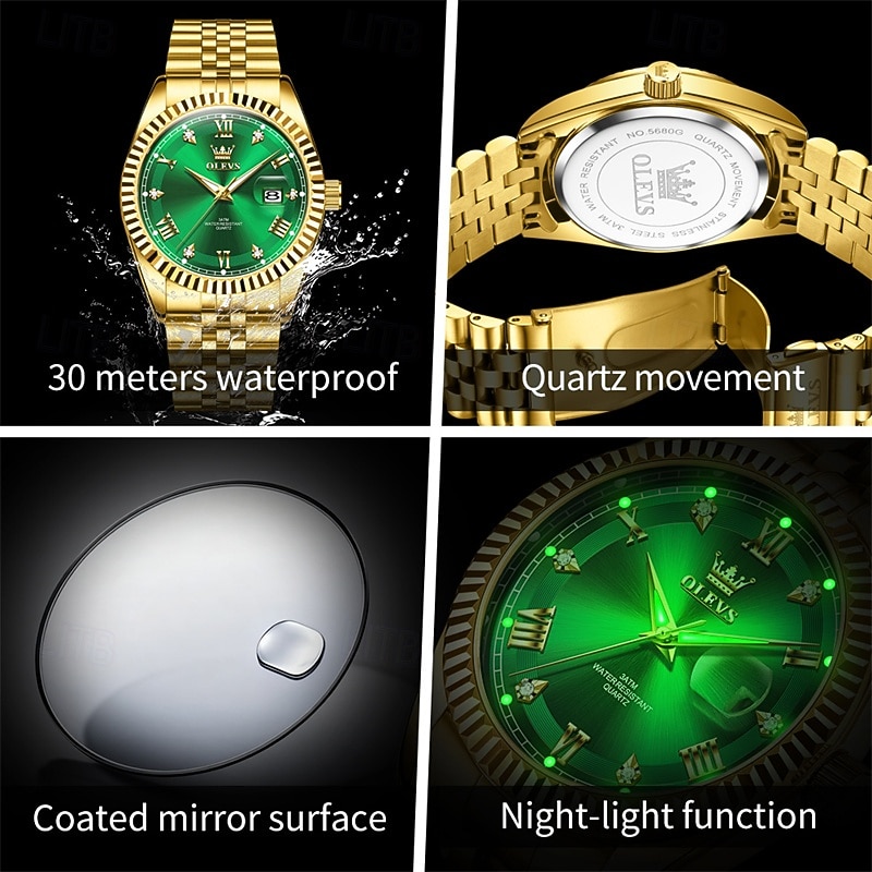 OLEVS Mens Luxury Watch Classic Green Face Two Tone Silver Gold Stainless Steel Waterproof Quartz Wristwatch with Date Luminous Hands Business Dress Fashion Watches for Men Gifts 2026 - $38.99 –P11