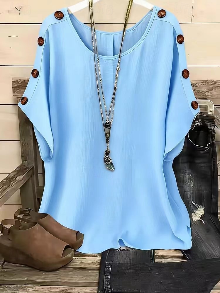 Damen T Shirt T-Shirt Knöpfe Einfach Mode Stilvoll Klassisch Kurzarm Rundhalsausschnitt Normale Oberteile Täglich Ausgehen Wochenende Blau Weiß Gelb Rosa Orange Sommer Frühling 2026 - $19.99 –P3
