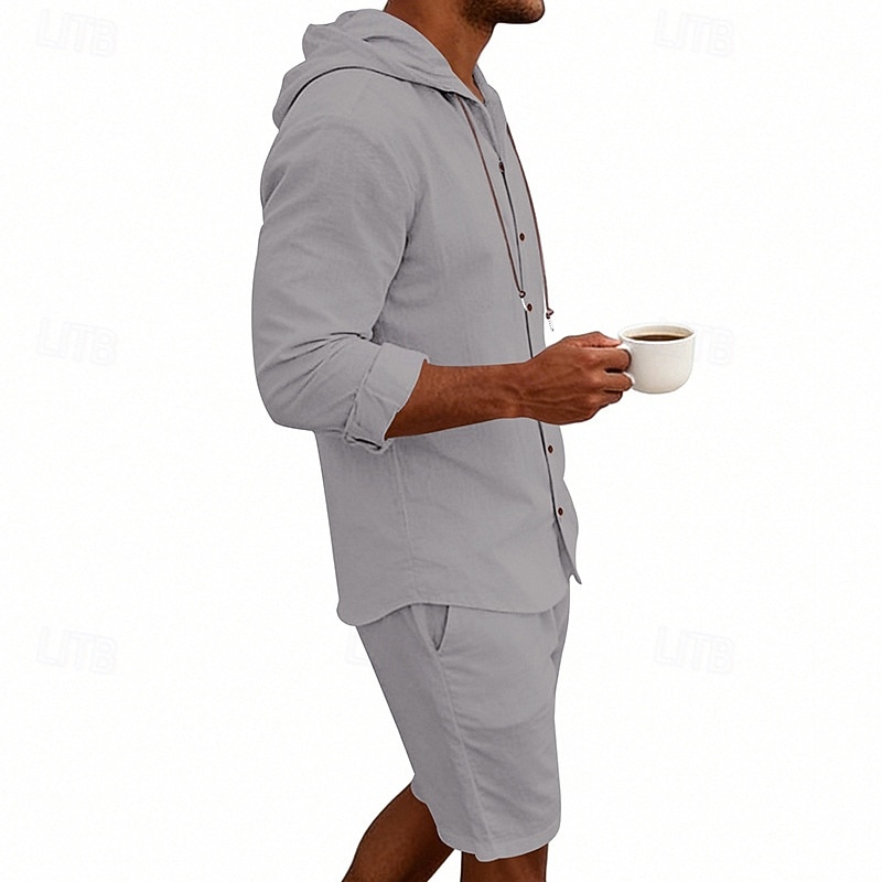 Ανδρικά Πουκάμισο λινό 2 Κομμάτια Σετ πουκαμίσου Και Σορτσάκια Σορτς από λινό Σορτς παραλίας Σειρά Σκέτο Καθημερινά ΕΞΩΤΕΡΙΚΟΥ ΧΩΡΟΥ Διακοπές Με Κουκούλα Μακρυμάνικο Καλοκαίρι Άνοιξη 2026 - $36.99 –P3