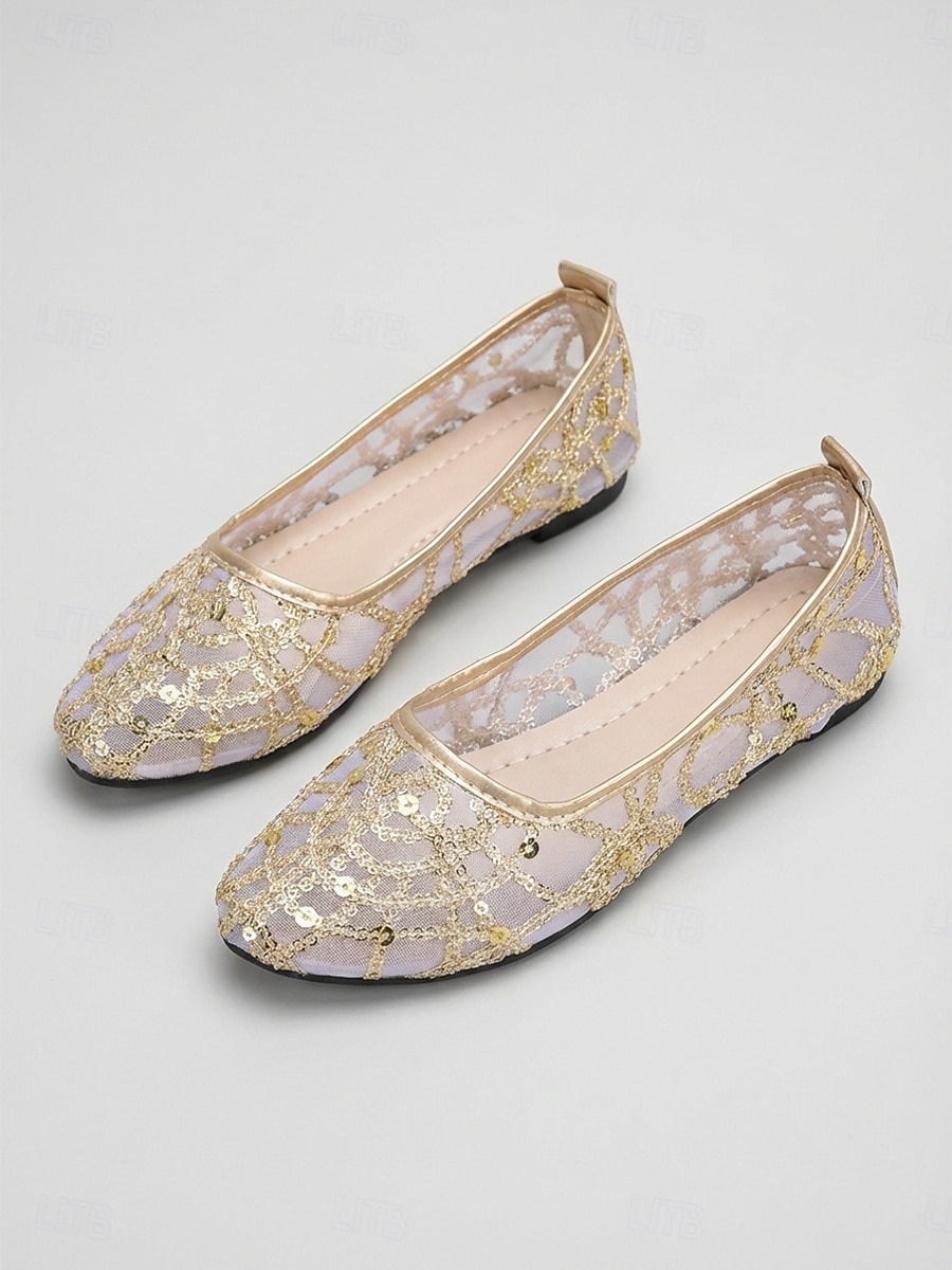 Ballerine da donna in rete con paillettes dorate - eleganti scarpe a punta in rete scintillante per resort all'aperto e feste estive in giardino &abiti da vacanza di lusso del 2026 a $24.99 –P2