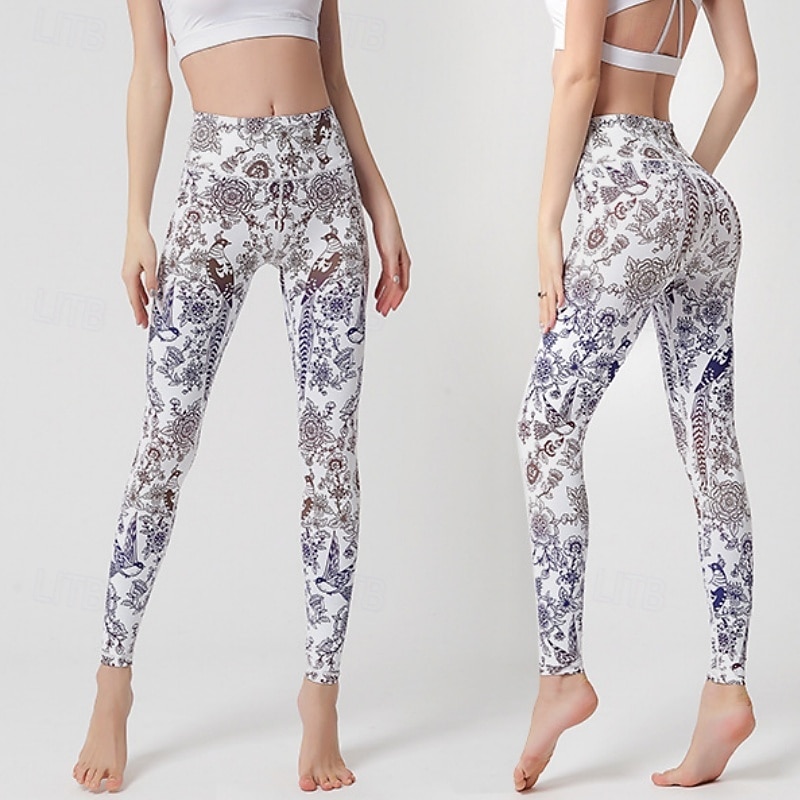 Dames Pilatesbroek Yogabroek Billenlift met ruche Hoge taille Sportschooltraining Hardlopen Fitness Legging Kleding Onderlichaam Flora Amethist Wit Blauw Sport Sportkleding Hoge Elasticiteit 2026 - $23.99 –P10