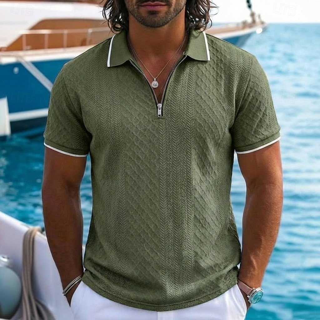 Homens Polo com zíper Textura Casual Feriado Lapela Quarter Zip Manga Curta Moda Básico Tecido Jacquard Quarter Zip Verão Normal Azul Claro Preto Branco Vinho Azul Marinha Caqui Polo com zíper de 2026 por $22.99 –P6