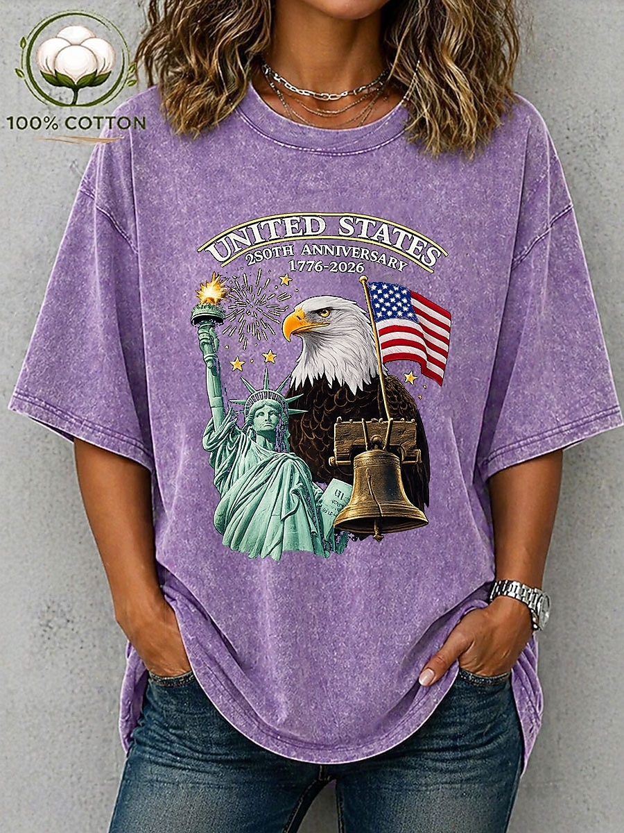 amerikanska självständighetsdagen dam-t-shirt i 100 % bomull bomullsskjorta vintage tvättad topp tryck grafiskt flagga snygg grundläggande klassisk kortärmad rund hals vanlig topp casual daglig blå svart lila grön 2026 - $29.99 –P1