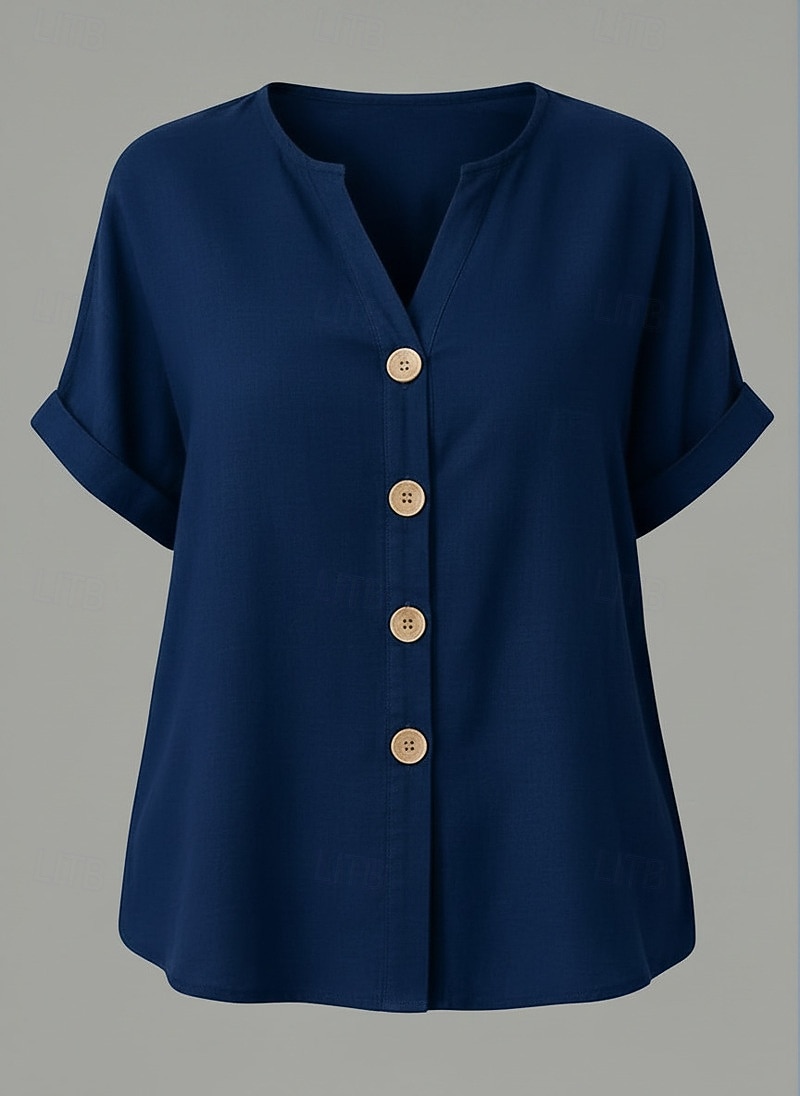 Naisten Paita Cotton Blend Pellava paita Boho paita Yhtenäinen väri Tavallinen Vintage Tyylikäs Lyhythihainen V kaula-aukko Pitkät topit Päivittäin ulko- Katuvaatteet Sininen Kesä Kevät 2026 - $28.99 –P3