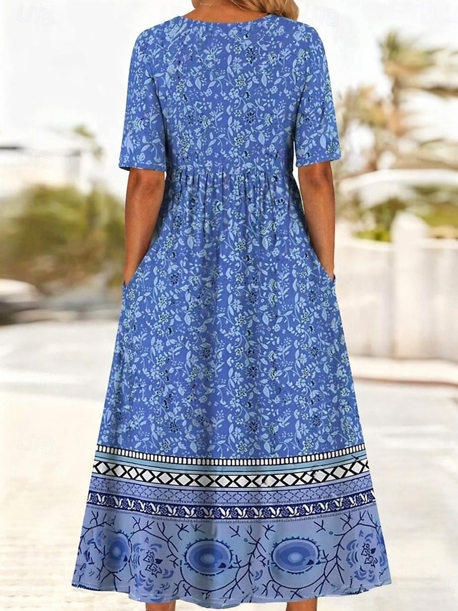 Damen Midikleid Sommerkleid Urlaub Lässig Boho Täglich Strand Normale Passform Blumen Halbarm Rundhalsausschnitt Blau Rote Dunkelblau Beige Sommer Frühling 2026 - $32.99 –P7