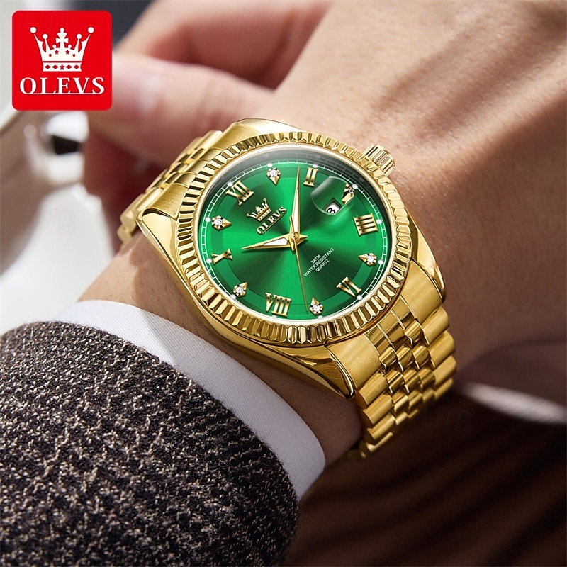 OLEVS Mens Luxury Watch Classic Green Face Two Tone Silver Gold Stainless Steel Waterproof Quartz Wristwatch with Date Luminous Hands Business Dress Fashion Watches for Men Gifts 2026 - $38.99 –P14