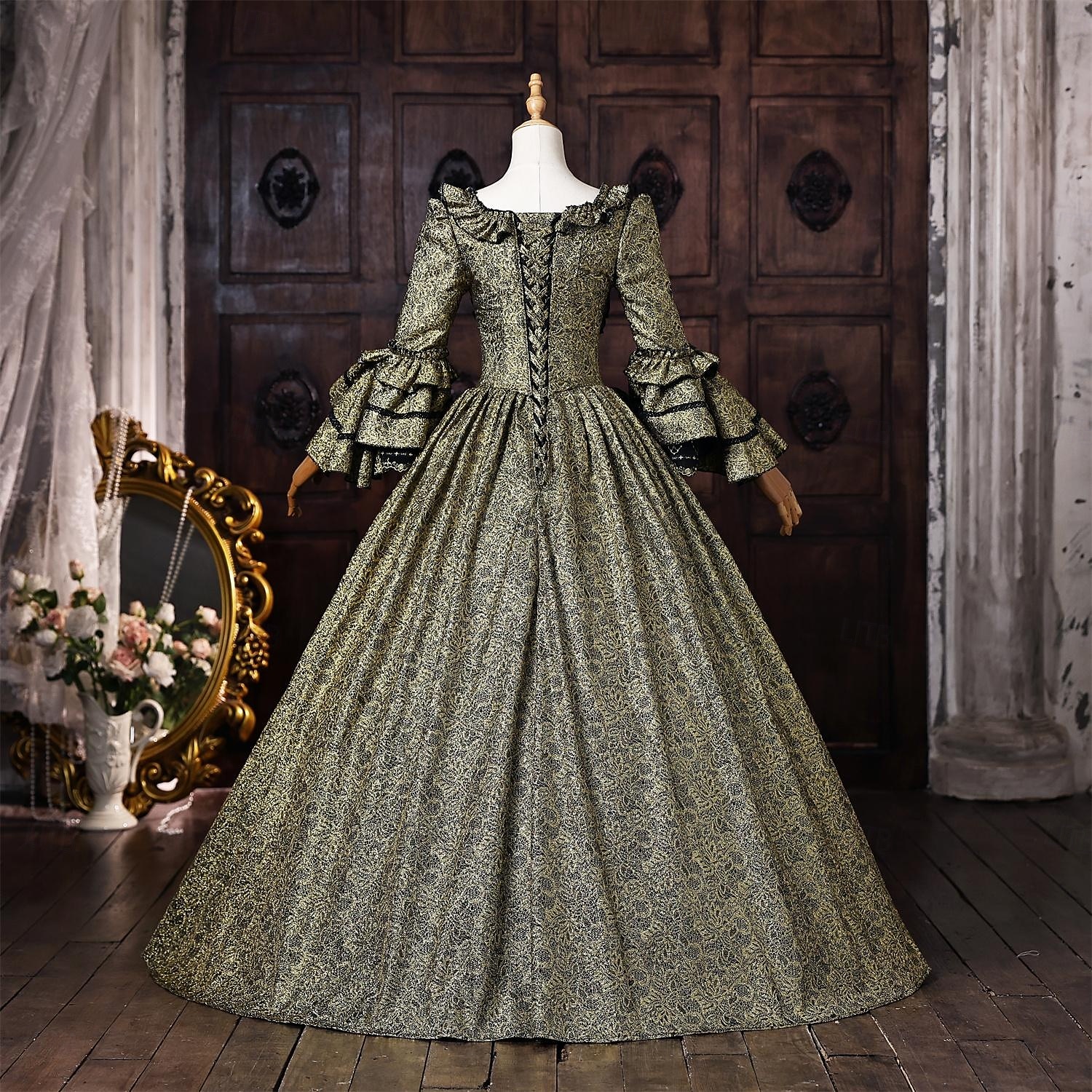 Rococò Barocco Abito da Ballo Lunghezza al pavimento Vestito Abito da Ballo Lunghe Principessa Sposa Pizzo Floreale Abito da ballo Collo quadrato Costume Per donna Reale Halloween Carnevale Mascherata del 2026 a $273.39 –P4