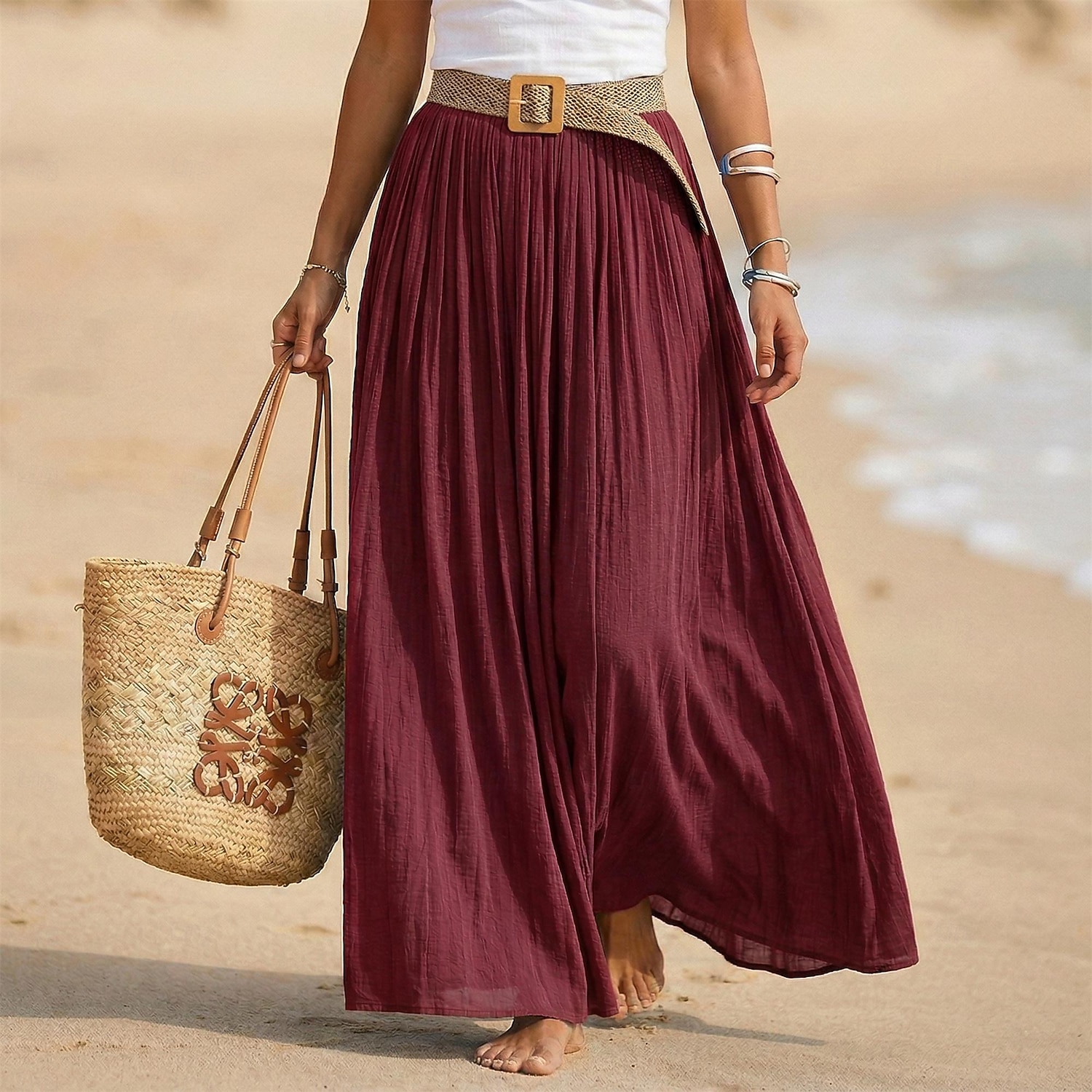 Pentru femei Fustă de vacanță Fustă din bumbac artificial și in Modă Casual Lung vară Maxi Talie Înaltă Fuste Simplu Zdrobit Fluid Strech Zilnic Plajă Albastru piscină Măr Verde Maroniu Galben Lămâie 2026 - $28.99 –P12