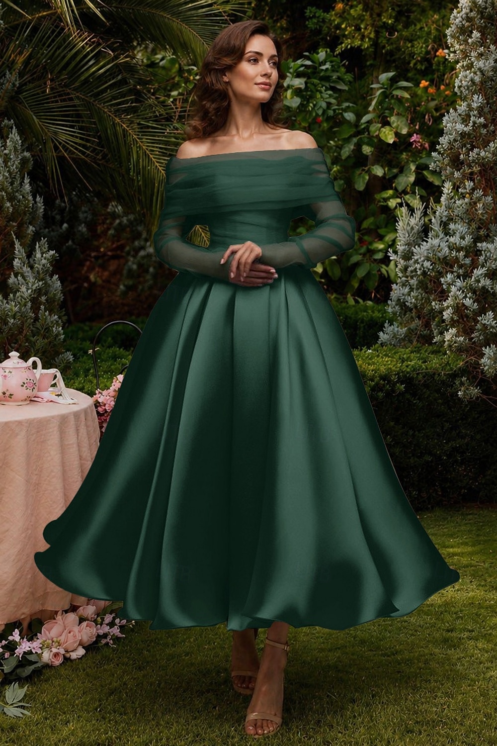 Ballkleid A-Linie Knöchellänge Cocktailkleider Partykleider Elegant Vintage Langarm Schulterfrei Hochzeit Formell Abnehmbar Satin mit Schal 2026 - $149.99 –P9