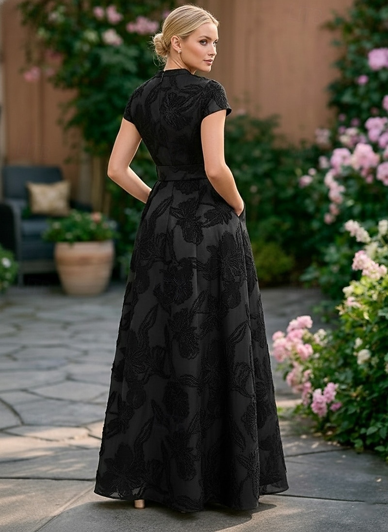 Linia -A Lungime Podea Rochie florala Rochii de seara Elegant Epocă Floral Manșon scurt În V Petrecere în grădină Nuntă Buzunar Satin Jaquard cu Franjuri Rochie cu fanta 2026 - $205.89 –P3