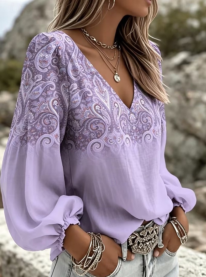 Dame Skjorte Boho skjorte Trykt mønster Blomstret Grafisk Paisly Elegant Bohem Ferie Langermet V-hals Lange topper Avslappet Daglig Ferie Lysegrønn Lys Lilla Oransje Sommer Vår 2026 - $29.99 –P3