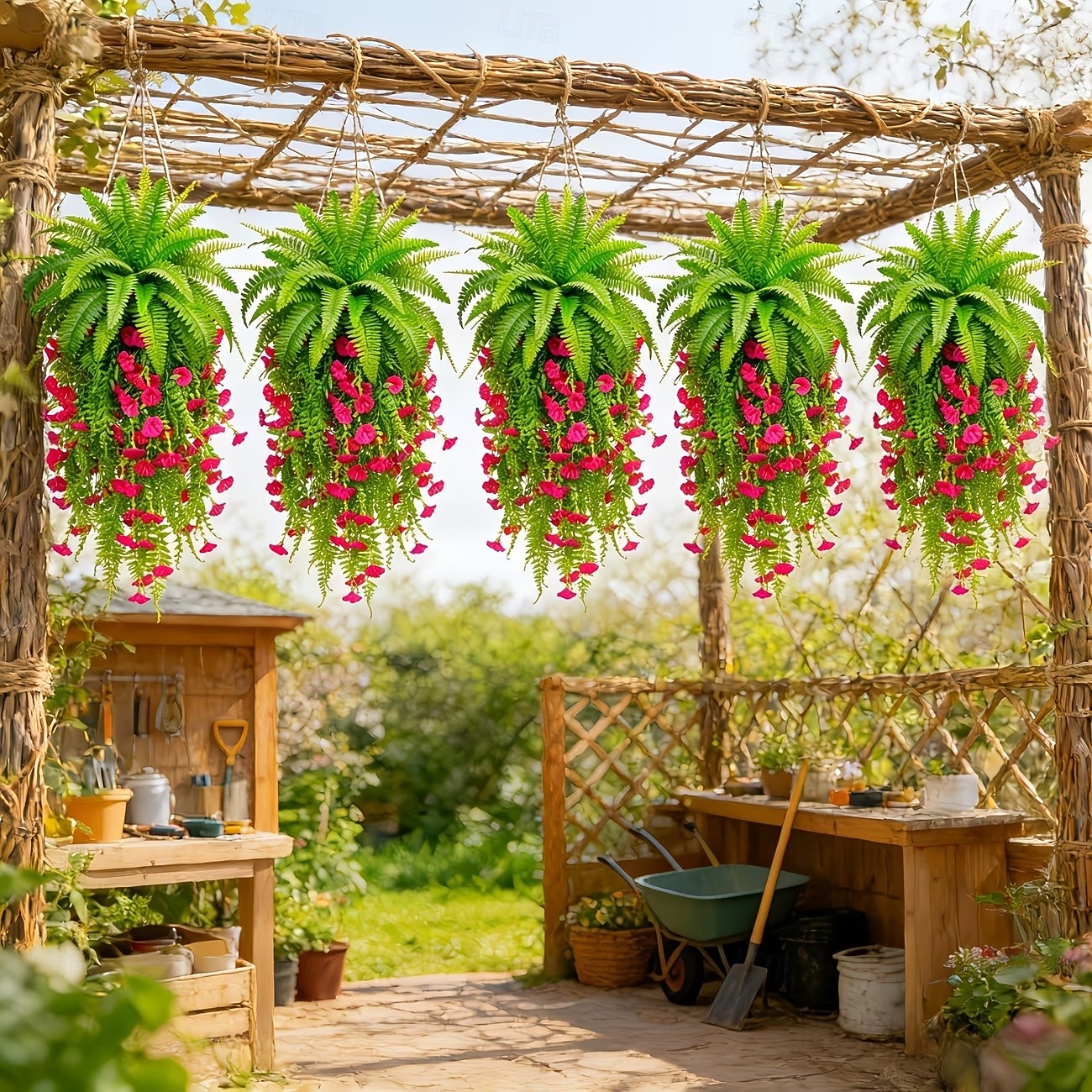 Juego de 3 helechos artificiales verdes con borlas rojas, plantas colgantes para armar tú mismo, ramos de helechos colgantes biónicos realistas, ideales para la decoración del hogar, el porche y el 2026 - $19.99 –P4