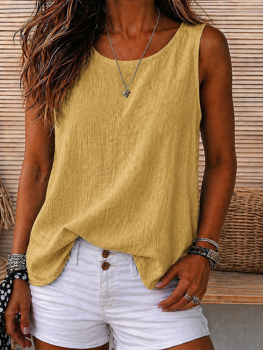 Mujer Camiseta sin mangas Plano Vintage Sin Mangas Escote Redondo Tops regulares Casual Rojo óxido Negro Blanco Amarillo Azul cielo Verano Primavera 2026 - $14.49 –P15