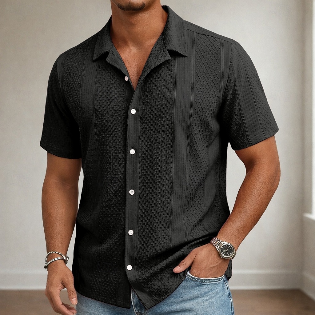 Men's Shirt Casual Shirt Button Up Shirt Jacquard Shirt Black White Pink Navy Blue Apricot Short Sleeve Plain Shirt Collar Casual Daily Clothing Apparel Elegant Fashion Casual 2026 - $26.99 –P1