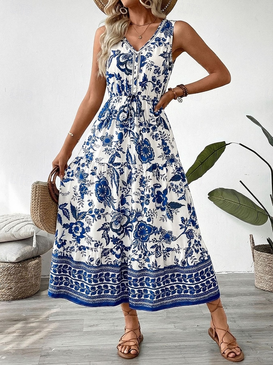 Dames Maxi-jurk A lijn jurk Slipdress Vakantie Casual Buiten Uitgaan Standaard pasvorm Bloemig Mouwloos V-hals blauw Zomer Lente 2026 - $41.99 –P4