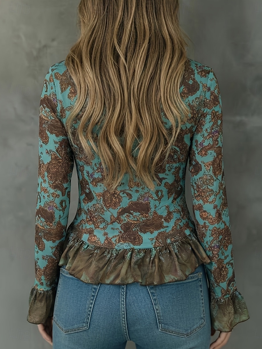Women's Shirt Blouse Long Sleeve Tops Ruffle Shirt Patchwork Buttons Floral Stylish Classic Modern Long Sleeve V Neck Regular Tops Daily Holiday Going out Green Summer Spring 2026 - $32.99 –P2