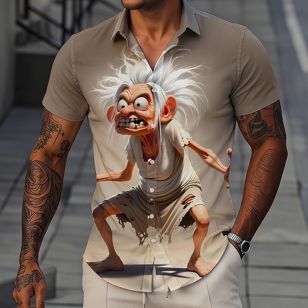 Men's Funny Cartoon Character Old Man Shirt Summer Shirt Button Up Shirt Short Sleeve Vintage Retro Daily Outdoor Vacation Summer Spring Turndown 3D Print Collared Shirts Brown Khaki Gray 2026 - $25.99 –P1