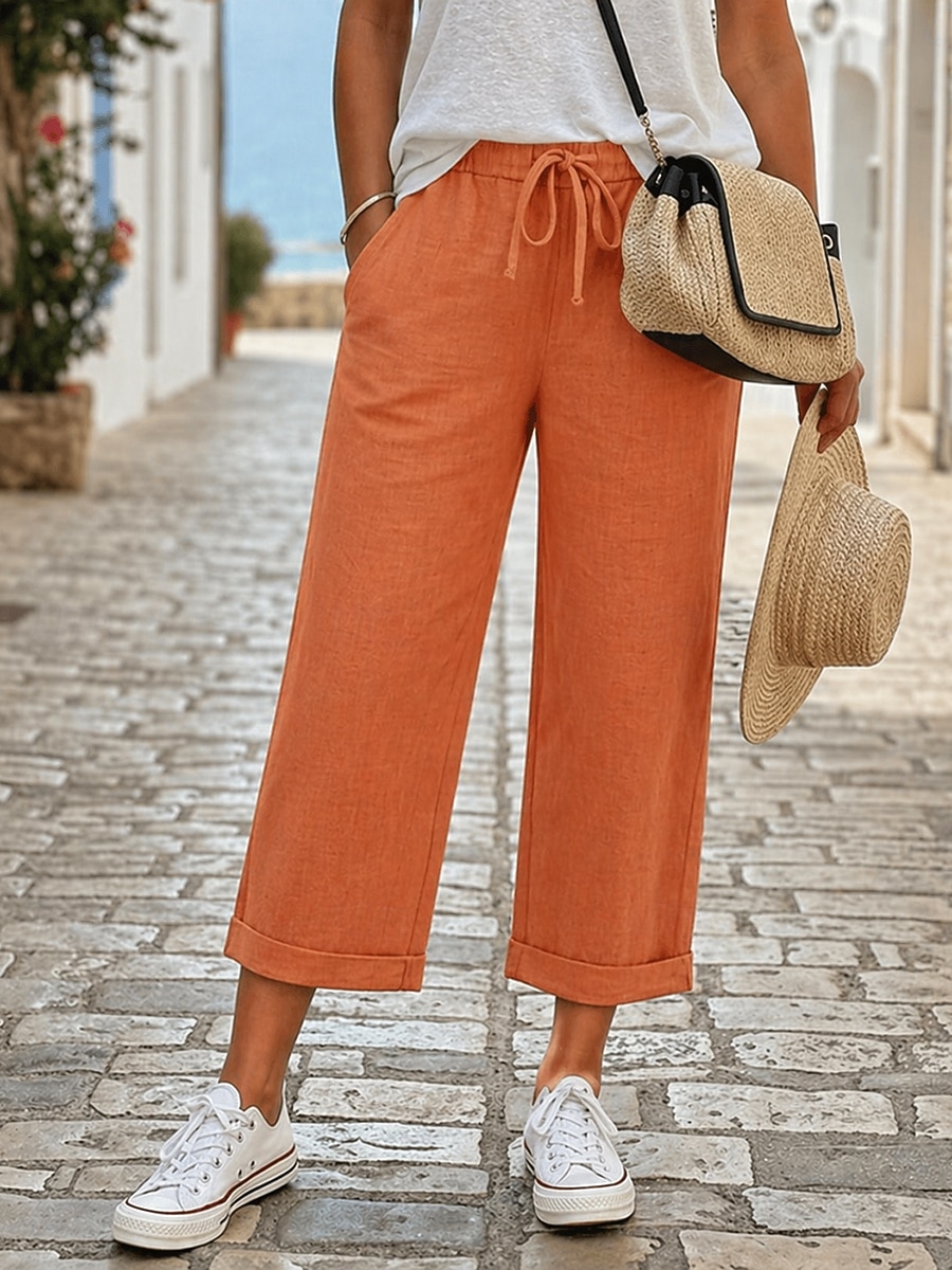 Dames Katoenen linnen broek Breed Been Chinese Zomerbroek Vakantie Basic Enkellengte Medium Taille Natuurlijk Effen Comfortabel Inelastisch Dagelijks Oranje Zomer Lente Ruim Passend 2026 - $25.99 –P1