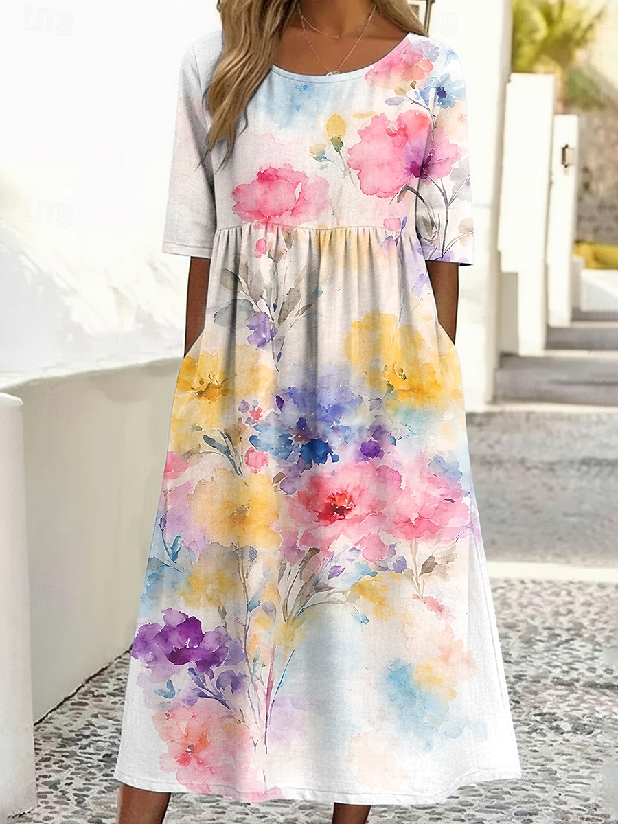 Women's Midi Dress Casual Dress Print Dress Fashion Outdoor Vacation Going out Regular Fit Floral Graphic Half Sleeve Crew Neck White Summer Spring 2026 - $29.99 –P1