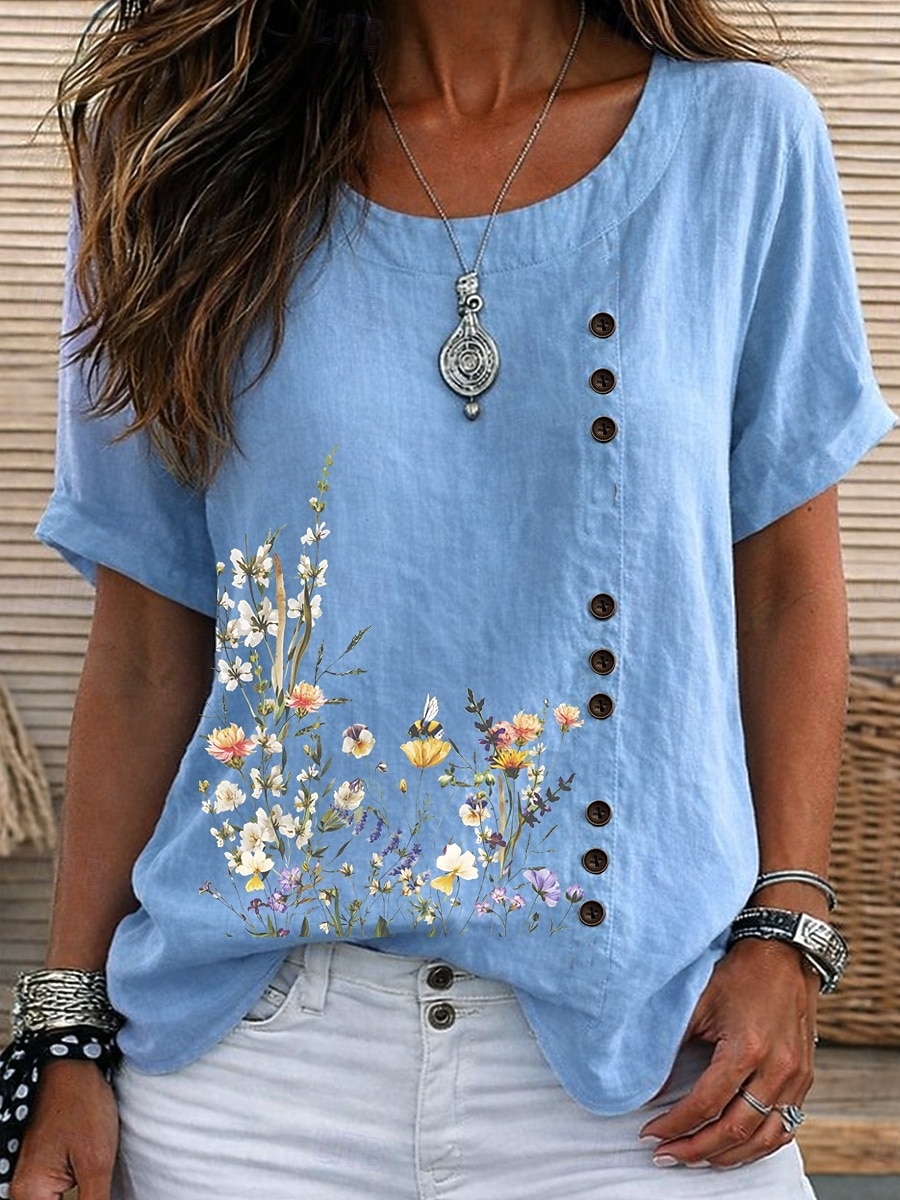 Women's Blouse Buttons Floral Graphic Elegant Vintage Daily Short Sleeve Crew Neck Regular Tops Casual Daily Holiday Blue Grass Green White Yellow Pink Summer Spring 2026 - $24.99 –P9