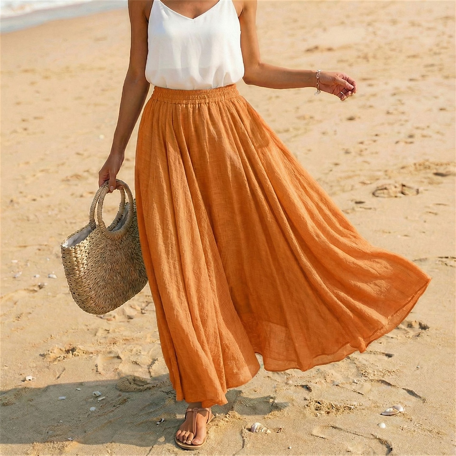 Women's Linen Blend Vacation Skirt Casual Maxi High Waist Skirts Holiday turmeric White Sky Blue Dark Green Summer 2026 - $27.99 –P14
