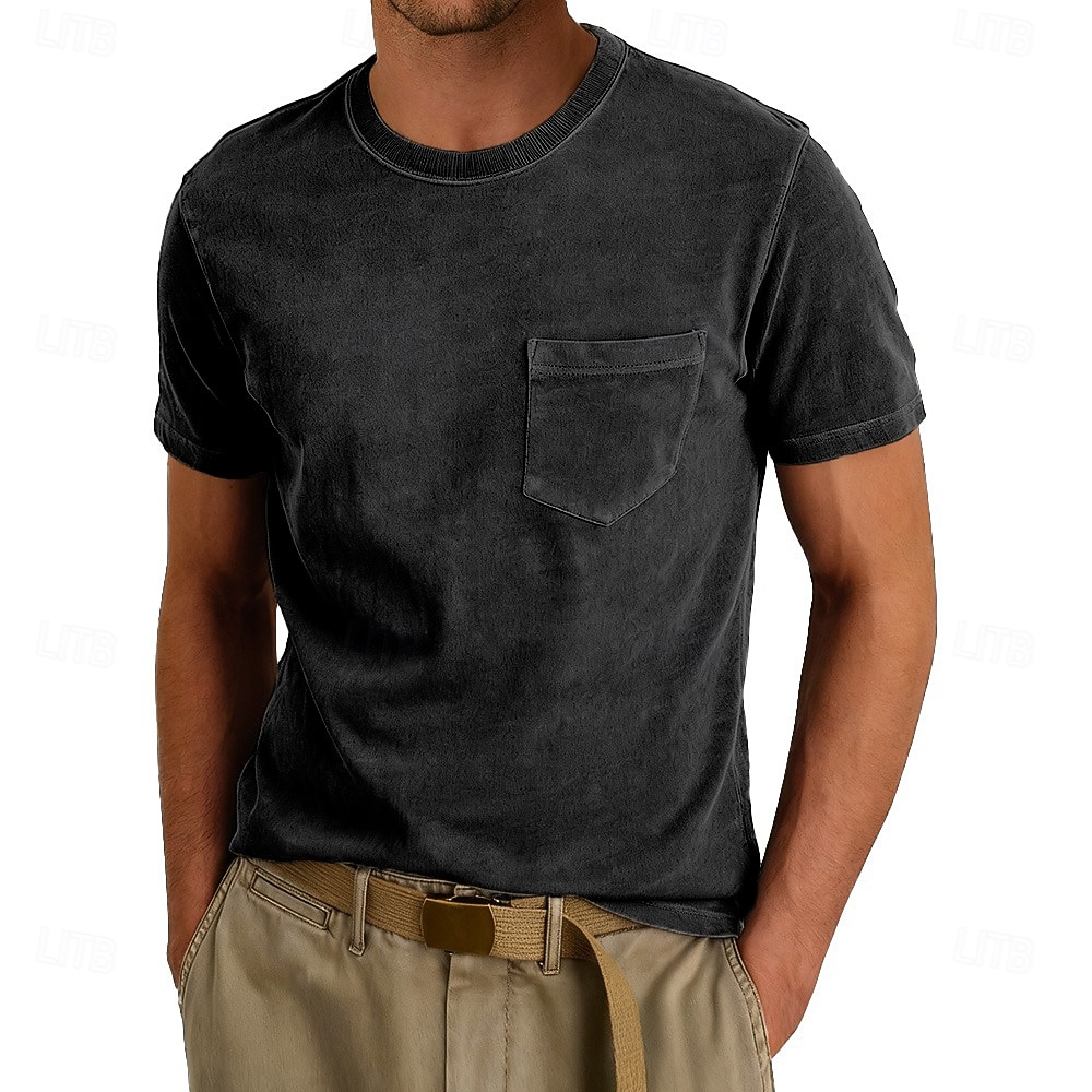 Per uomo Maglietta Camicia 100% cotone lavaggio acido Manica Corta Girocollo Estate Primavera Tutte le stagioni Tinta unica Elegante Vintage Neutro Tasca Girocollo Sbiadito Casuale Casa All'aperto del 2026 a $20.99 –P16