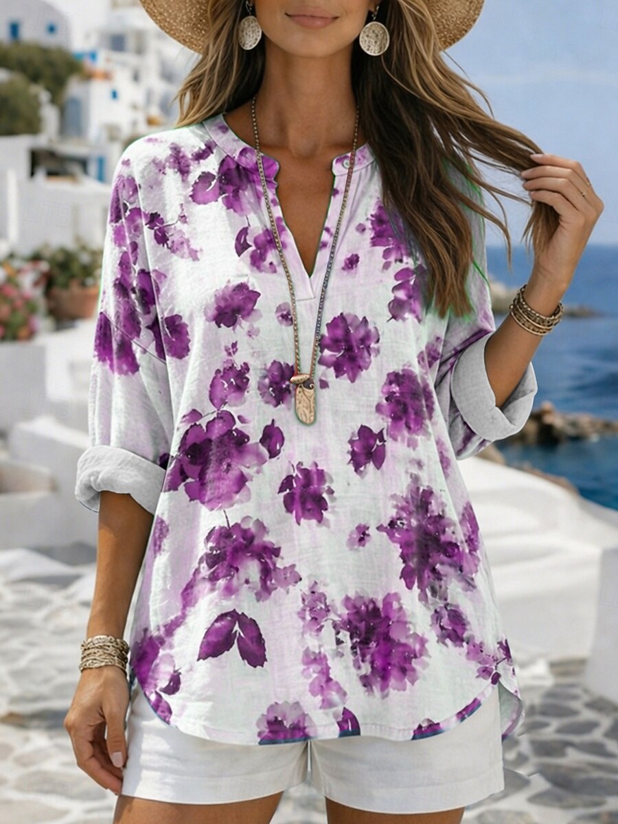 Mujer Blusa Estampado Floral Graphic Vintage Diario Elegante Manga Larga Escote en Pico Tops regulares Casual Diario Azul Piscina Morado Verde Trébol Verano Primavera 2026 - $31.99 –P2