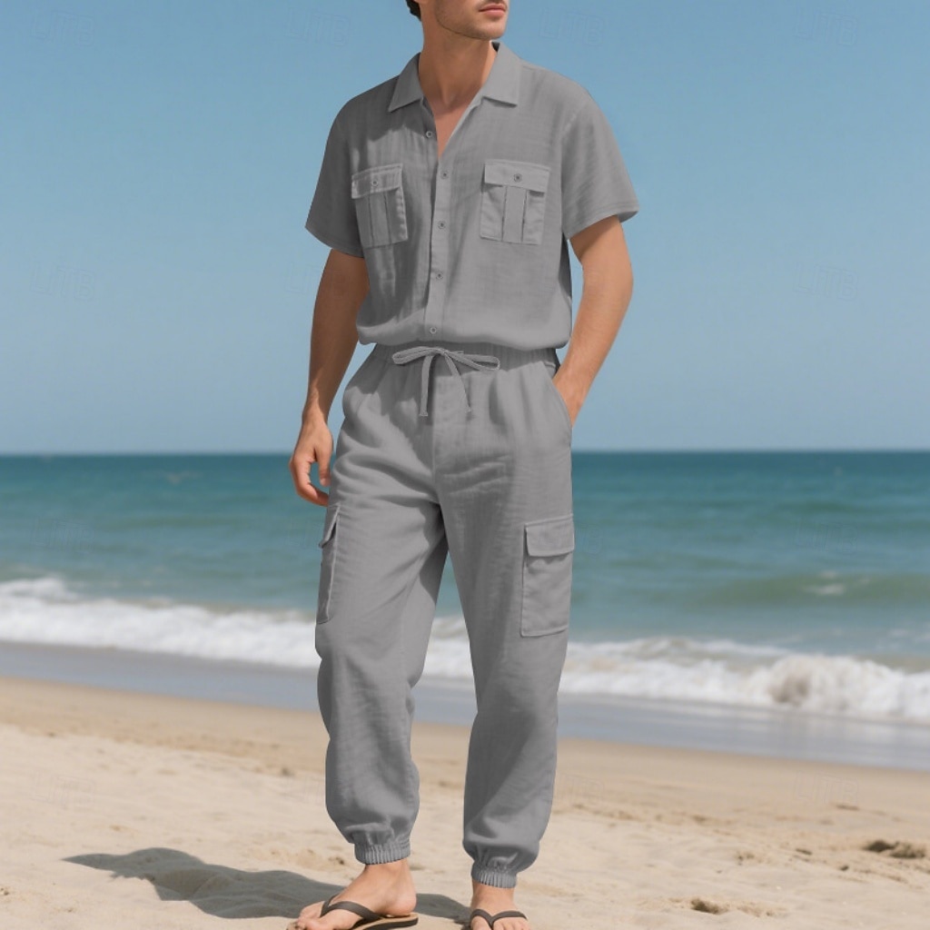 Men's Linen Shirt 2 Piece Shirt Set And Cargo Pants Linen Pants Trousers Set Plain Casual Daily Outdoor Turndown Short Sleeves Summer Fashion Casual Comfortable Clothing Apparel 2026 - $36.99 –P13