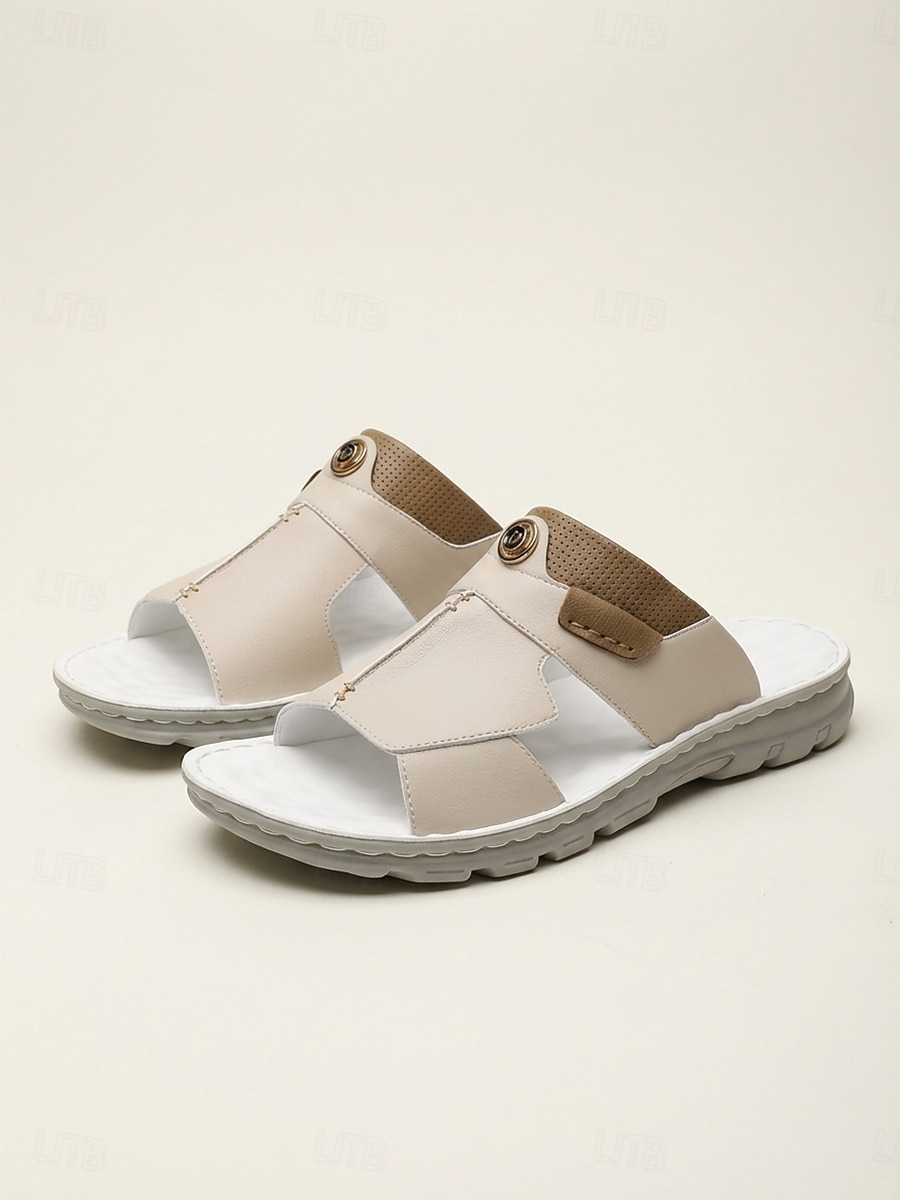 Sandálias masculinas de couro sintético bege com tira ajustável, respiráveis, ideais para férias de verão na praia. de 2026 por $34.99 –P4