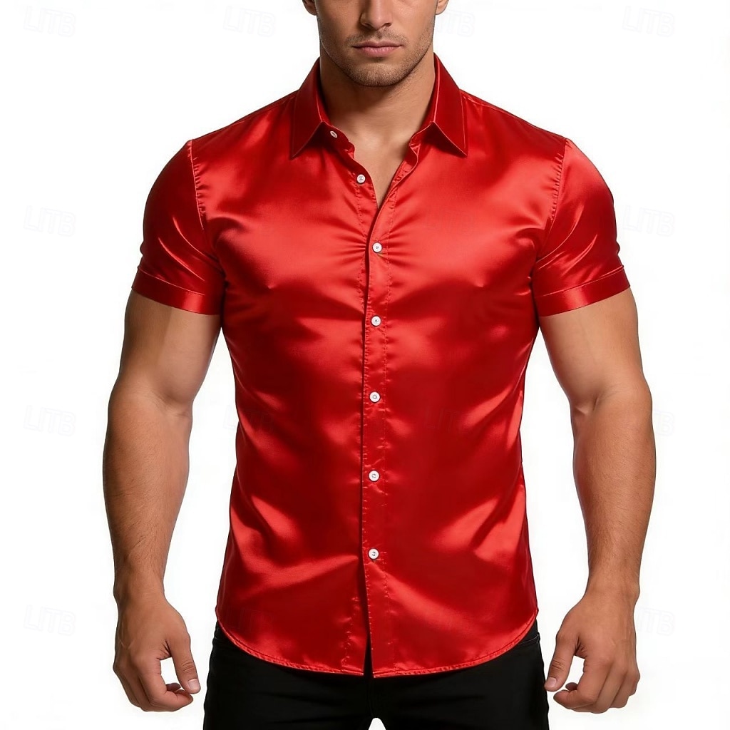 Homme Chemise Chemise en satin Chemise habillée Chemise Boutonnée Couleur Unie Extérieur Travail Noir Blanche Jaune Rouge Manche Courte Col Rabattu Été Printemps Vêtement Tenue Boutons de 2026 ? $21.99 –P11