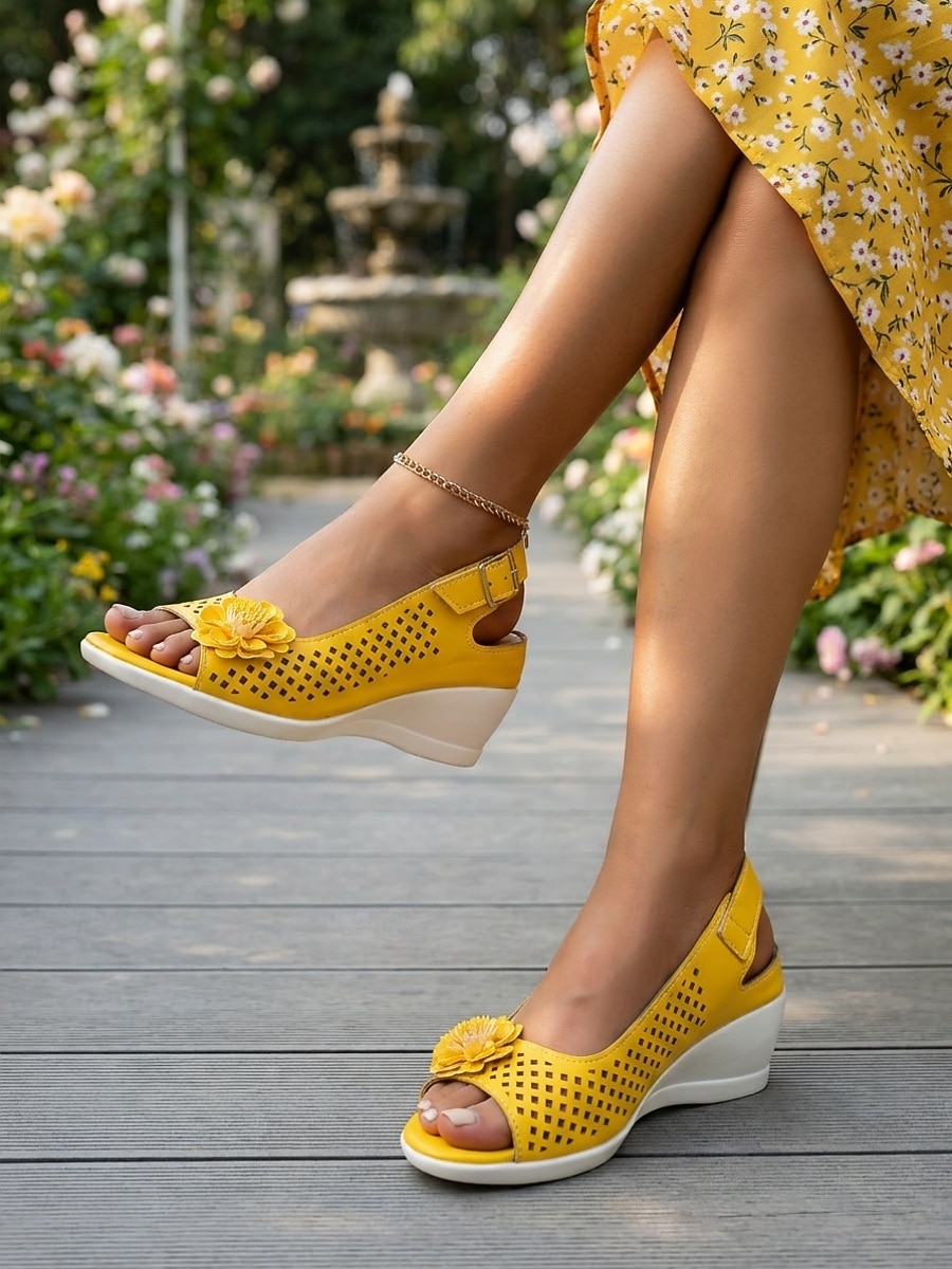 Women's Yellow Wedge Sandals – Breathable Open Toe Casual Sandals with Floral Detail for Garden, Travel, Vacation & Daily Wear 2026 - $29.99 –P5