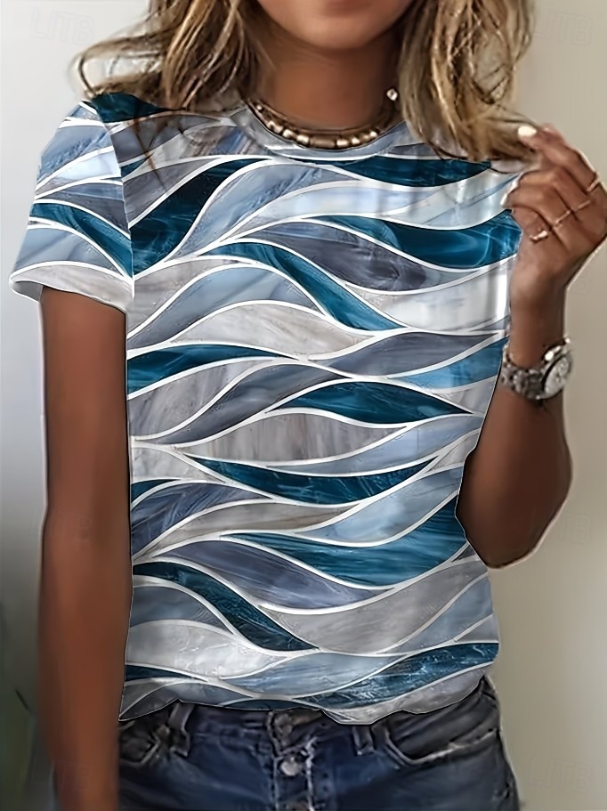 Women's T Shirt Print Graphic Geometric Striped Vintage Stylish Classic Short Sleeve Crew Neck Regular Tops Casual Daily Blue Light Green Pink Light Brown Black Summer Spring 2026 - $21.99 –P9