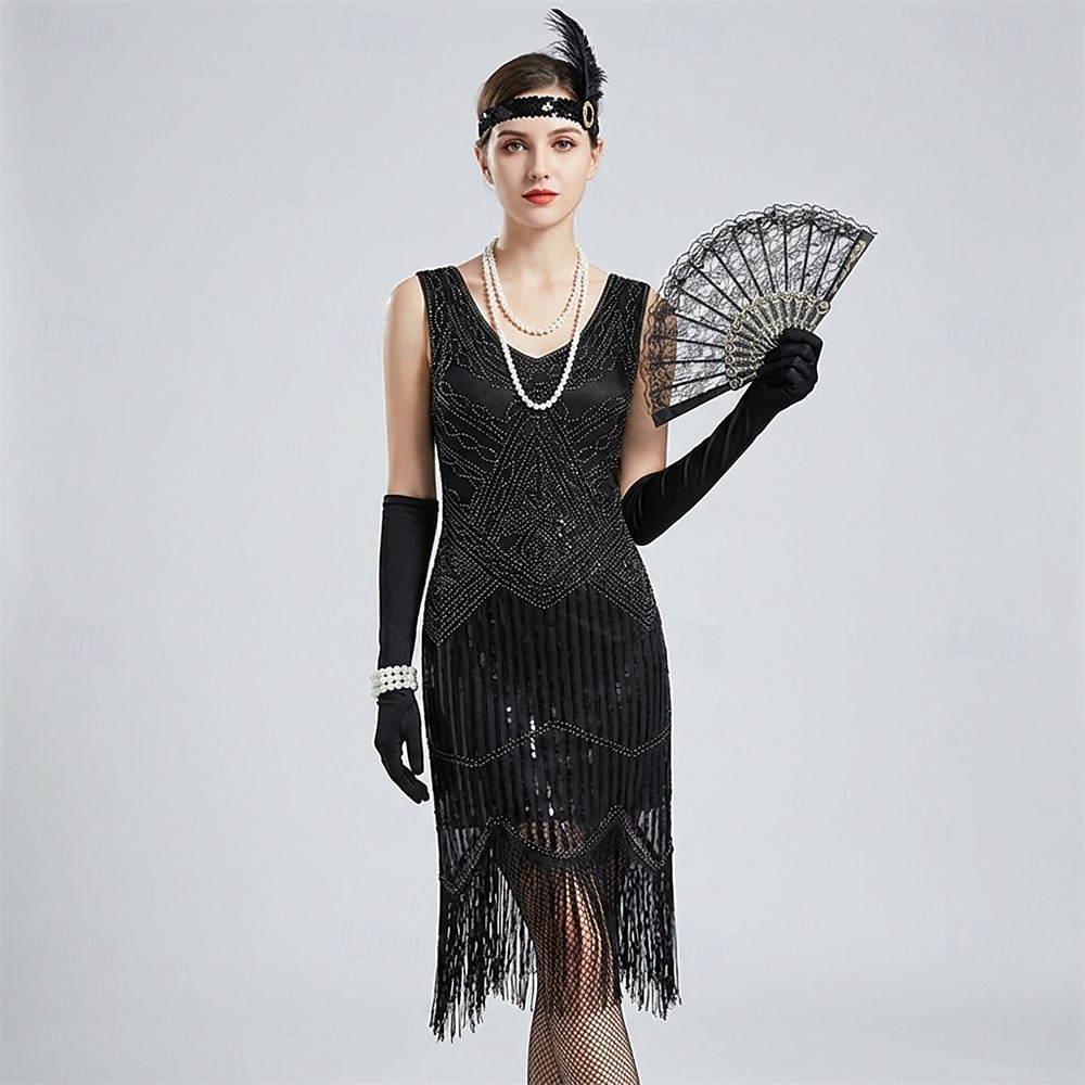 Zabytkowe Ryczące 20s 1920 roku Do kolan Sukienka w stylu lat 20-tych Rękawiczki Nakrycie głowy Bez rękawów Wielki Gatsby Czarleston Cekiny Frędzel Strój na bal maskowy Damskie Halloween Karnawał 2026 - $64.99 –P11