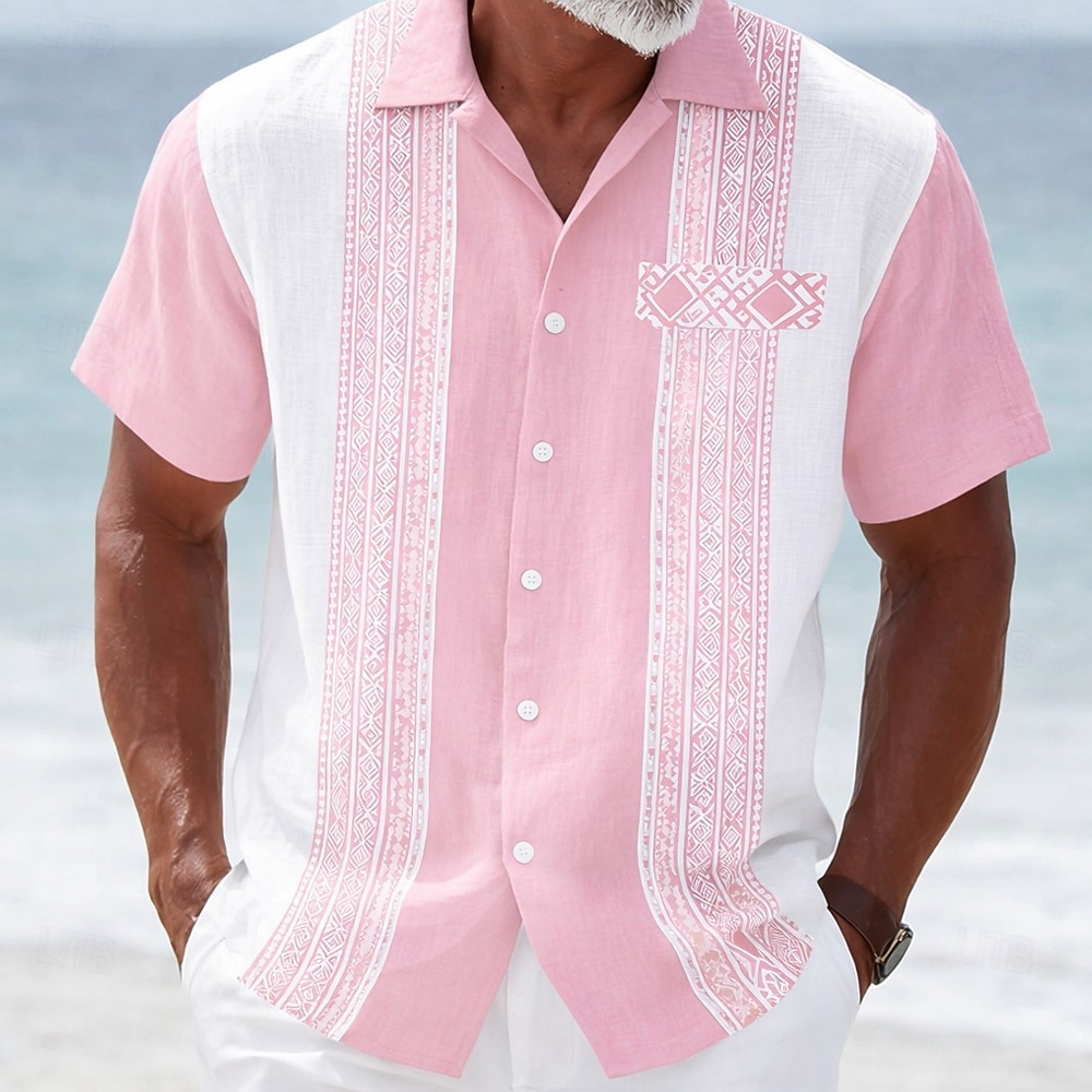 Men's Geometric Striped Ethnic Shirt Guayabera Shirt Button Up Shirt Short Sleeve Vintage Retro Daily Outdoor Vacation Summer Spring Turndown 3D Print Linen Like Shirt Blue Pink Purple Green Khaki 2026 - $25.99 –P4