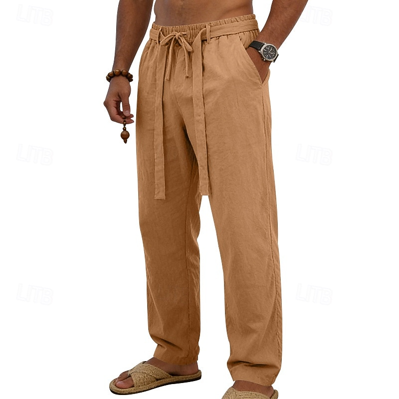 Men's Linen Pants Trousers Summer Pants Baggy Pants Drawstring Elastic Waist Straight Leg Plain Comfort Breathable Full Length Daily Outdoor Holiday Fashion Classic Style Blue White Micro-elastic 2026 - $12.99 –P10