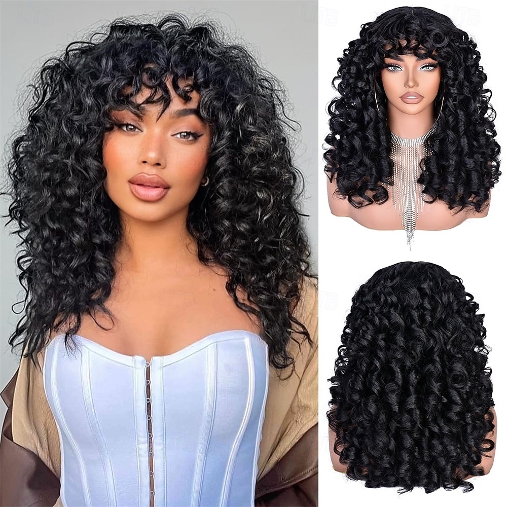 Black Curly Wig with Bangs for Black Women Long Curly Afro Wig Big Bouncy Fluffy Synthetic Fiber Glueless Hair for Cosplay and Daily 17 Inch 2026 - $32.99 –P1