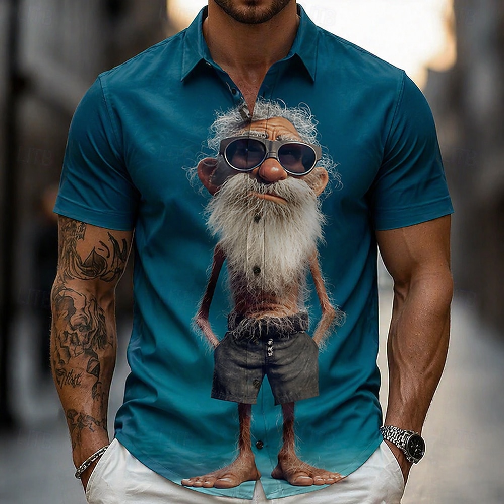 Herr Seriefigurer Rolig Gammal man Skjorta Sommarskjorta Knapp upp skjorta Kortärmad Vintage retro Dagligen Utomhus Semester Sommar Vår Nedvikt 3D-utskrift krage skjortor Blå Kaki Grå 2026 - $25.99 –P1