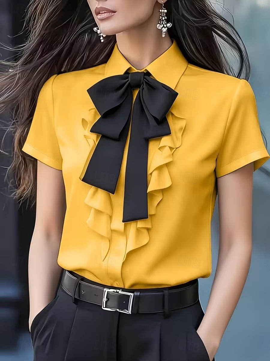Per donna Camicia Blusa Camicia con volant Volant Fiocco Tinta unica Elegante Essenziale Classico Manica Corta Colletto a Camicia Top Regolari Quotidiano Ferie Uscire Nero Bianco Giallo Rosso Estate del 2026 a $28.99 –P5