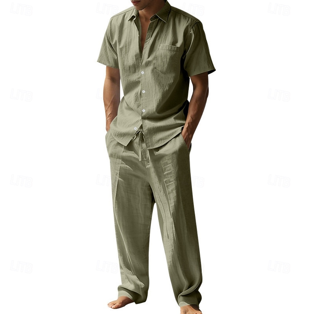 Per uomo Camicia di lino Due pezzi Set Camicia E Pantaloni di Lino Pantaloni Pantaloni casual Impostare Semplice Quotidiano All'aperto Vacanza Collo ripiegato Manica Corta Estate Moda Casual del 2026 a $36.99 –P9