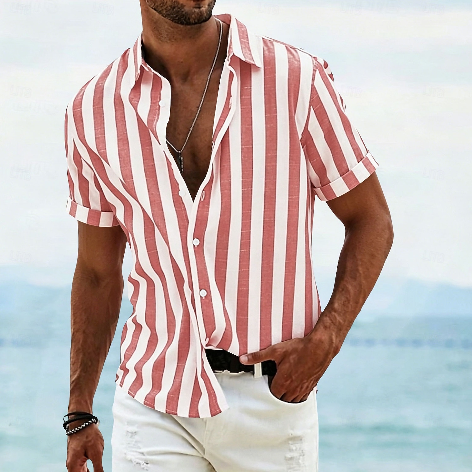 Per uomo Camicia Camicia di lino Camicia Estiva Camicia da Spiaggia Camicia con Bottoni Camicie a righe Strisce verticali Abbigliamento casual alla moda Vacanza Blu Giallo Rosa Rosso Manica Corta del 2026 a $27.99 –P1