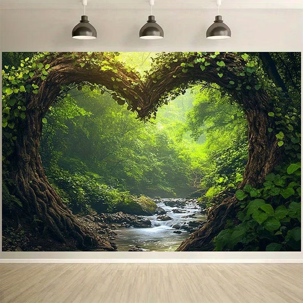 Tapiserie de perete romantică în formă de inimă cu copac, pădure, râu, natură, frunze verzi, păduri fermecate, peisaj împădurit, fundal pentru agățat de perete, dormitor, living, decor de casă, artă 2026 - $20.99 –P1