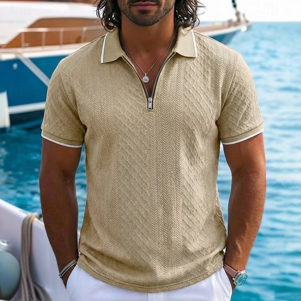 Homens Polo com zíper Textura Casual Feriado Lapela Quarter Zip Manga Curta Moda Básico Tecido Jacquard Quarter Zip Verão Normal Azul Claro Preto Branco Vinho Azul Marinha Caqui Polo com zíper de 2026 por $22.99 –P7