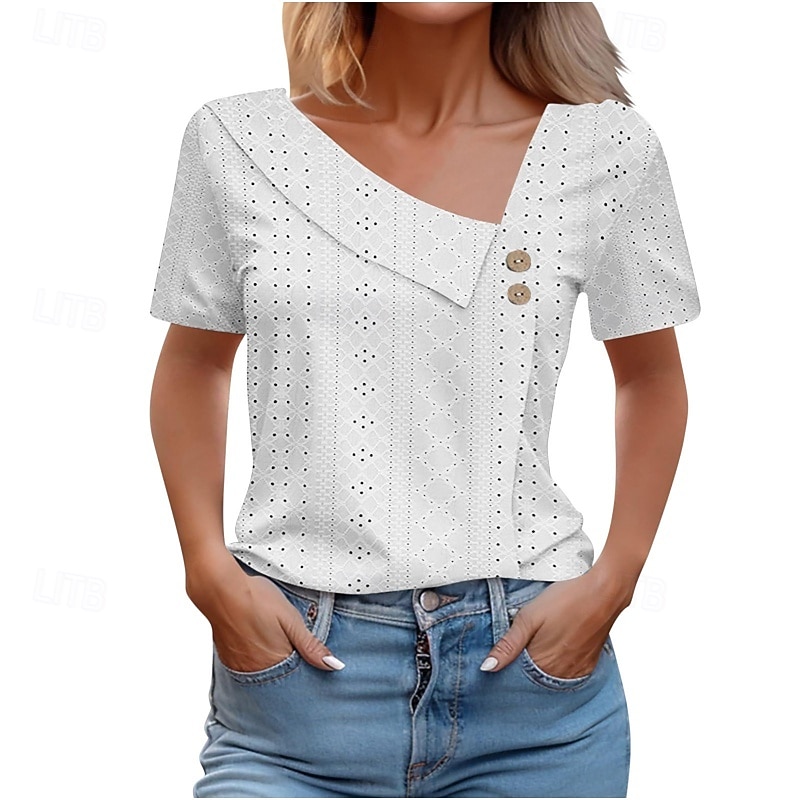 Dam Texturblus Ögonlock Pointelle-tröja T-shirt Ensfärgat Mode Klassisk Ledigt Kortärmad V-hals Vanliga toppar Ledigt Dagligen Strand Blå Vit Gul Ljusgrön Himmelsblå Sommar Vår 2026 - $25.99 –P9