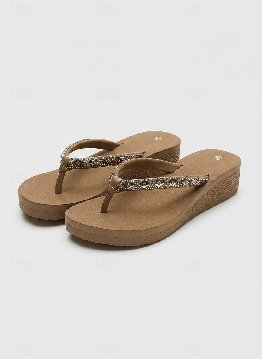 Șlapi împodobiți cu strasuri, cu talpă cu platformă și curea tanga, sandale elegante și confortabile pentru vacanțele de vară și zilele de plajă 2026 - $19.99 –P1