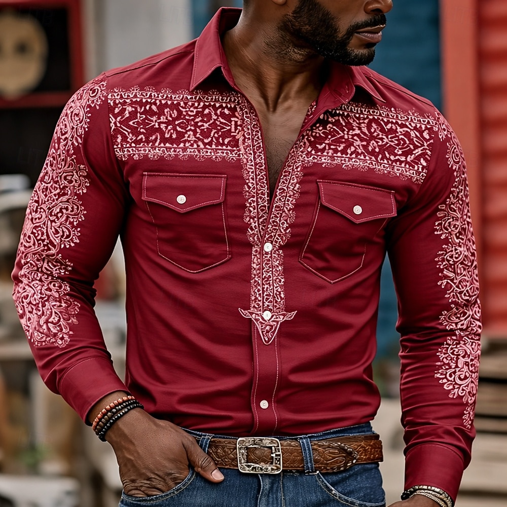 Herren Kuhmuster Ethnisch Komplizierte Blumen Hemd Westernhemd Cowboy-Shirt Langarm Vintage-Retro Lässig Outdoor Arbeitskleidung Frühling Herbst Umlegekragen Zwei Fronttaschen Leinenähnliches Hemd 2026 - $27.99 –P2