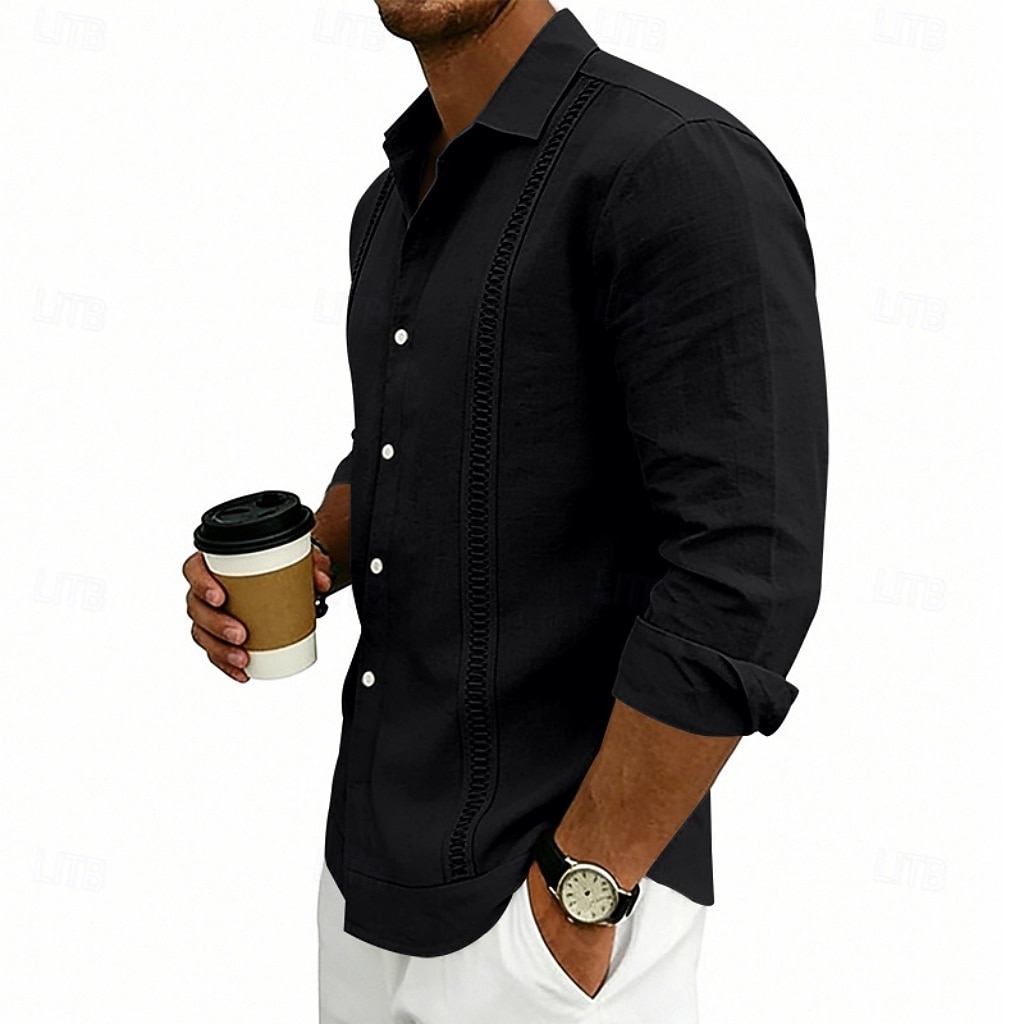 Herren Hemd Leinenhemd Sommerhemd Strandhemd Einfach Lässig Urlaub Schwarz Weiß Marineblau Khaki Langarm Umlegekragen Sommer Frühling Bekleidung Patchwork 2026 - $25.99 –P11