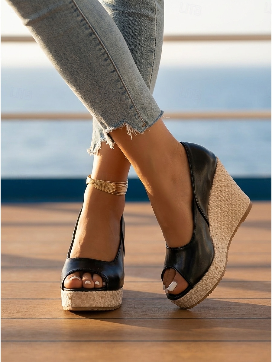 Sandales compensées noires à bout ouvert pour femmes - espadrilles d'été à talons hauts et semelle tressée, idéales pour les croisières, les excursions à terre et les dîners élégants. de 2026 ? $32.99 –P3
