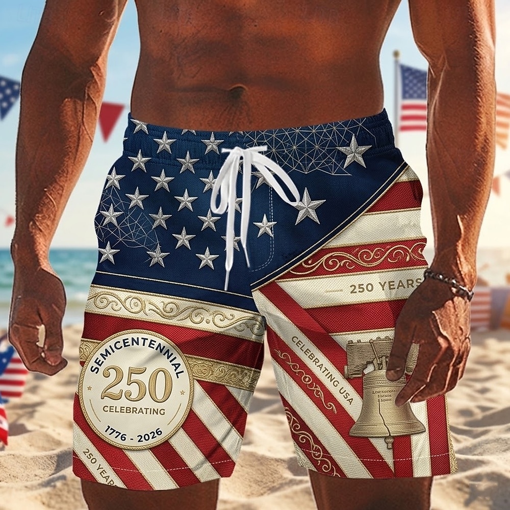 Bañador de bandera americana del 250 aniversario de EE. UU. para hombres trajes de baño pantalones cortos de baño pantalones cortos de media cintura patrióticos vacaciones con bolsillos laterales 2026 - $20.99 –P3